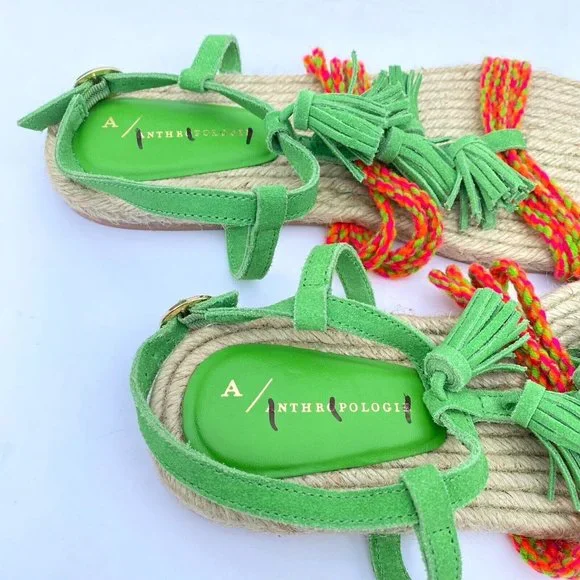 Anthropologie Fringed Rope Sandals Green Suede Boho Tassel Size 10M NWOB - Picture 3 of 14